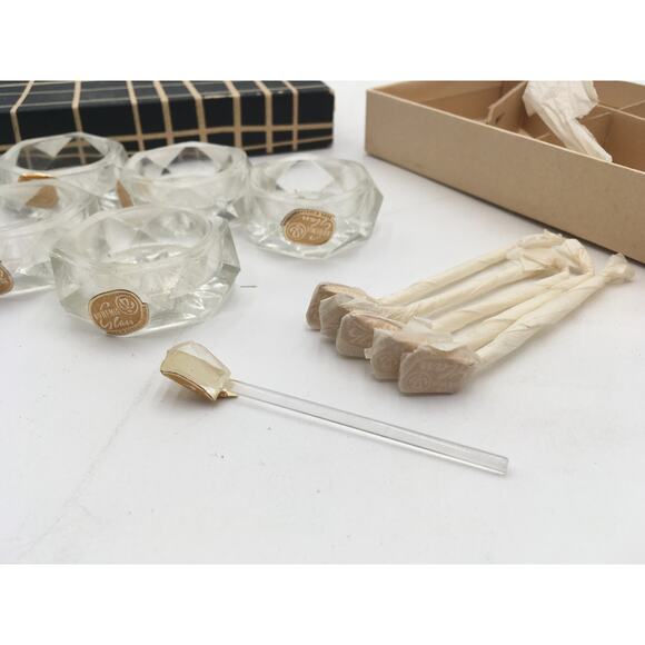 NIB Deadstock Vintage Bohemian Crystal Cut Salt Cellars and Spoons Set of 6 - Picture 2 of 7